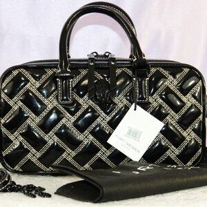 Kurt Geiger London Black Quilted Patent Satchel Top Handle Crossbody Bag w/Chain